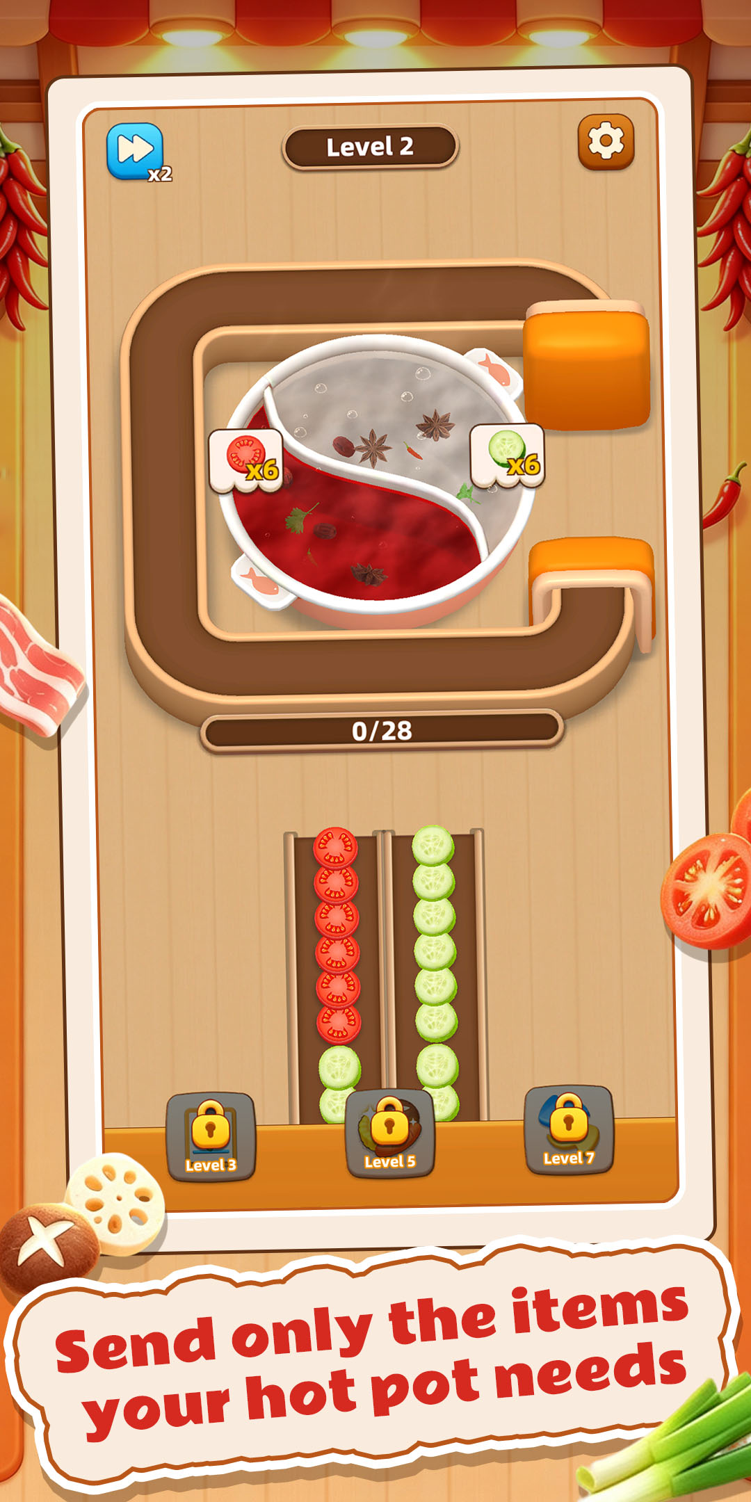 Hotpot Order Puzzle level screen with a target order and ingredient lanes.