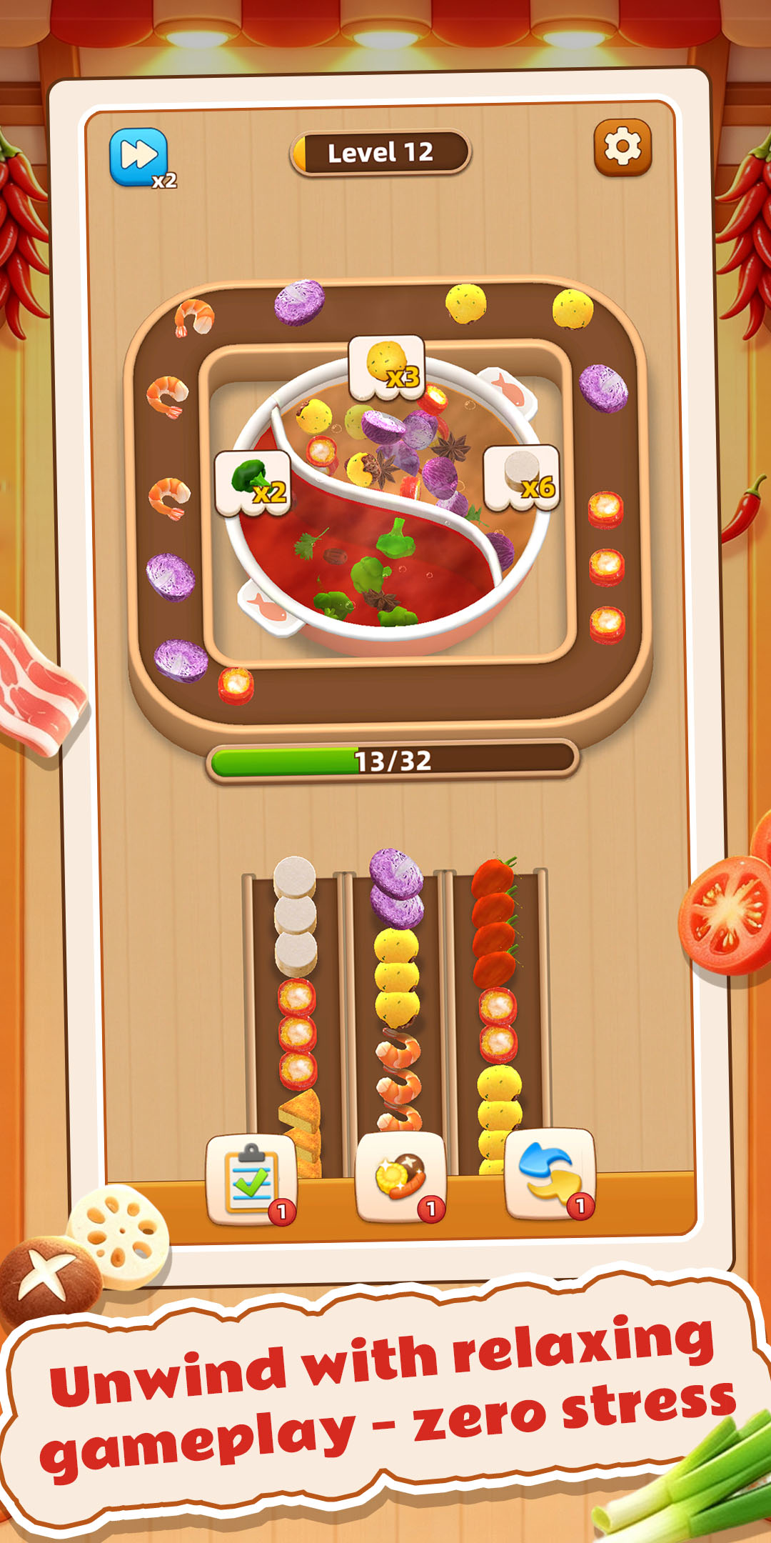Hotpot Order Puzzle gameplay screen showing ingredients ready to match.