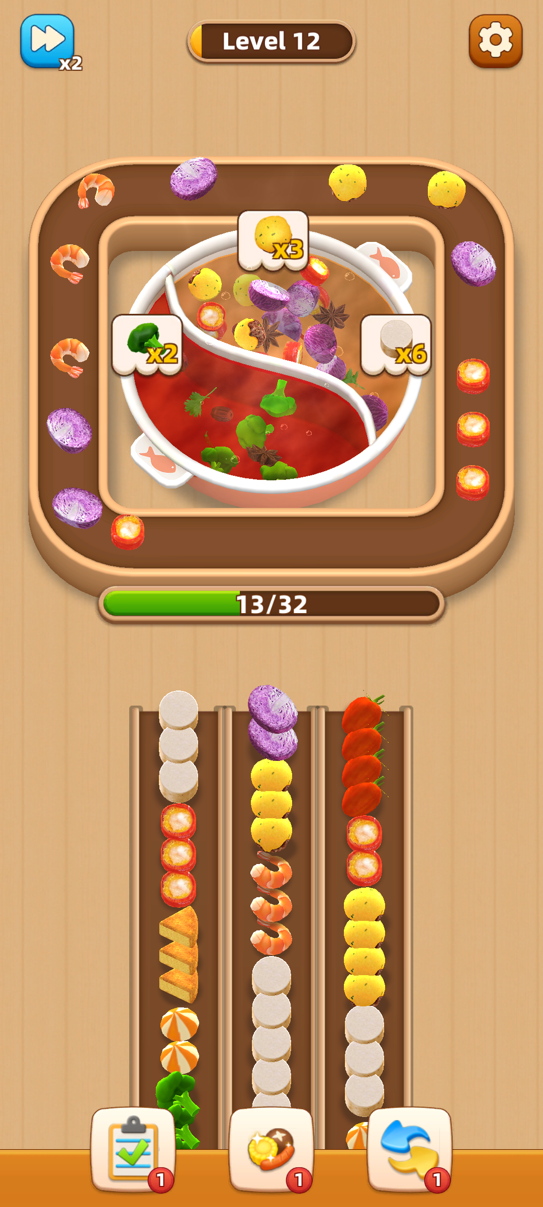 Hotpot Order Puzzle level screen with a target order and ingredient lanes.