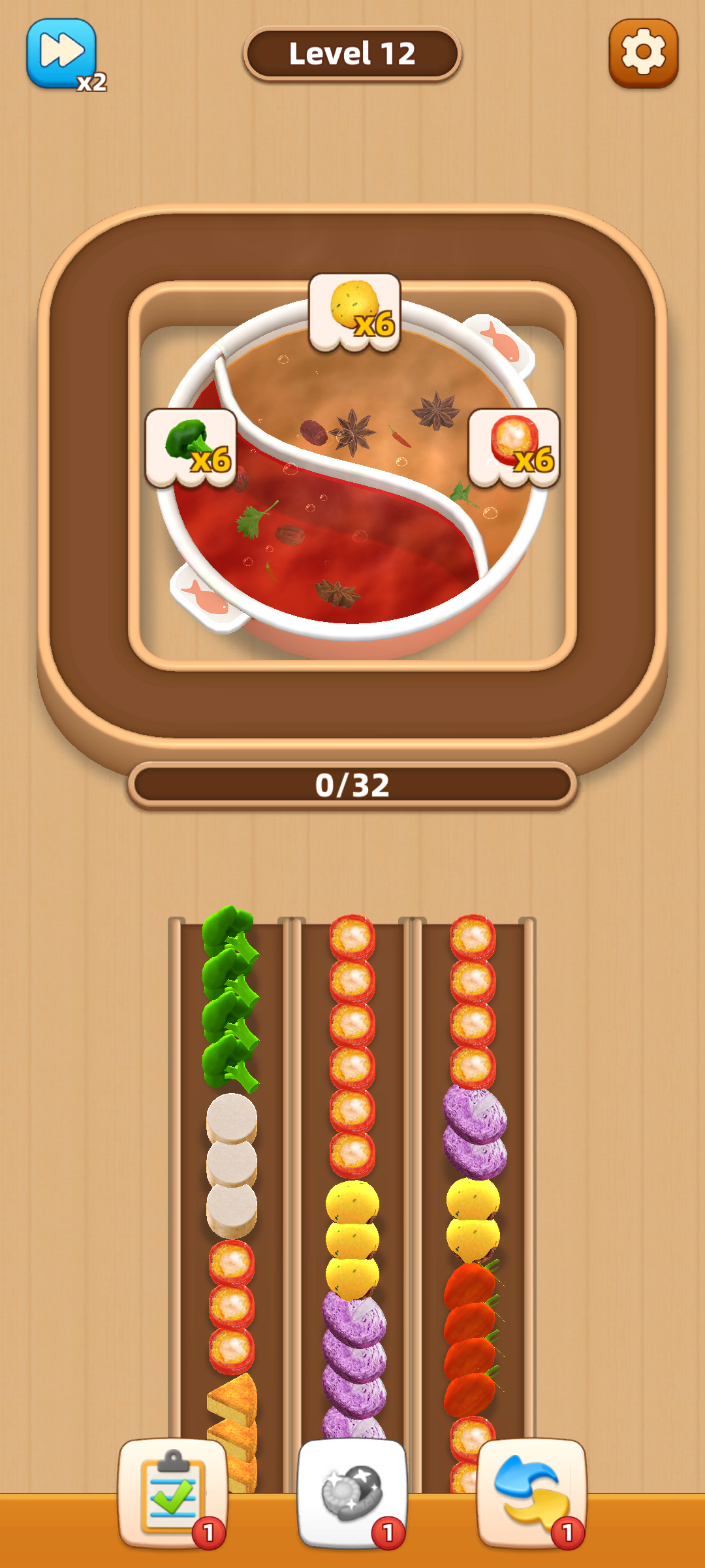 Hotpot Order Puzzle gameplay screen showing ingredients ready to match.
